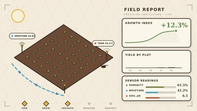 Smart farming isometric animation with growing crops, irrigation flow, field sensors and agriculture drone monitoring dashboard