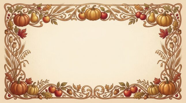 Autumn harvest decorative frame with pumpkins, apples, pears, wheat, and fall leaves in an ornate art nouveau style