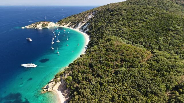 Famous and stunning Gidaki beach, Ithaca, Greek Islands - drone flyover from south