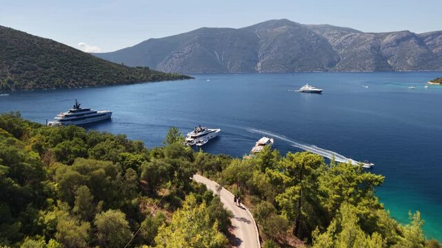 Beautiful Skinos bay and beach reveal by drone, Ithaca, Greek Islands