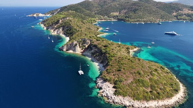 Stunning Cape Pounda peninsula, Ithaca, Greek Islands - drone flyover from south tip