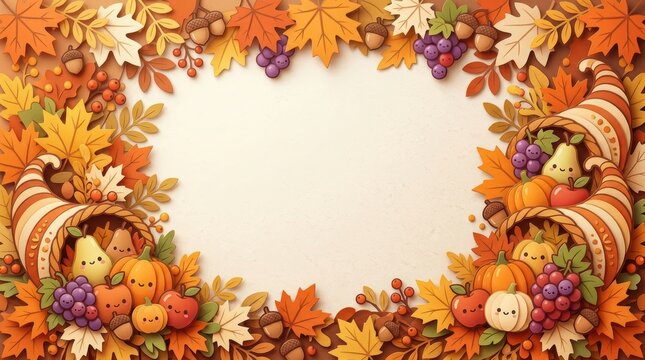 Autumn harvest cornucopia frame with cute smiling fruits, pumpkins, and fall leaves on a textured background