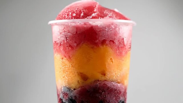 Vibrant Multi-Layered Frozen Slushie Drink in a Plastic Cup. Close-up view of a colorful icy beverage featuring red, orange, and berry fruit flavors, perfect for summer refreshment.