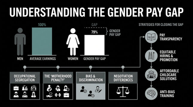 Understanding the Gender Pay Gap Infographic Illustrating Causes and Solutions for Workplace Equality