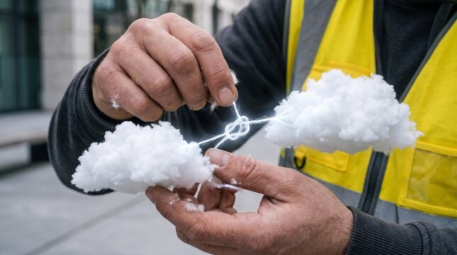 Worker connecting cloud computing data models with glowing digital thread in hands