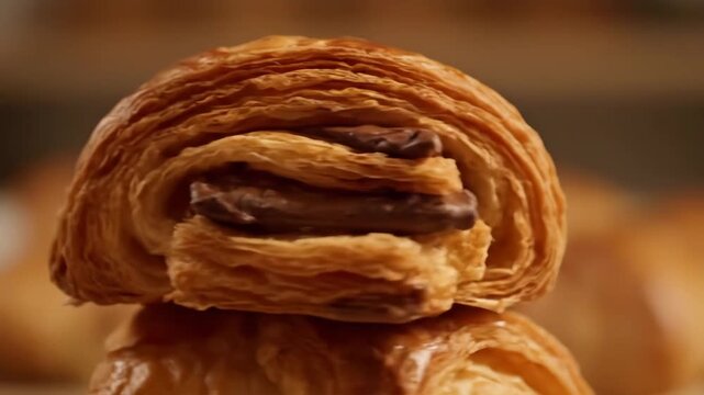 Extreme Close-Up of Flaky Pain au Chocolat Pastries Stacked, Showing Golden Buttery Crust and Melted Dark Chocolate Filling Ready for Breakfast or Dessert.
