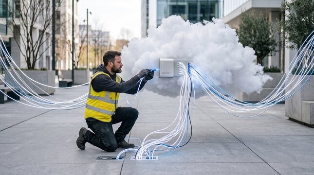 Technician maintaining a floating cloud server with fiber optic cables in urban setting