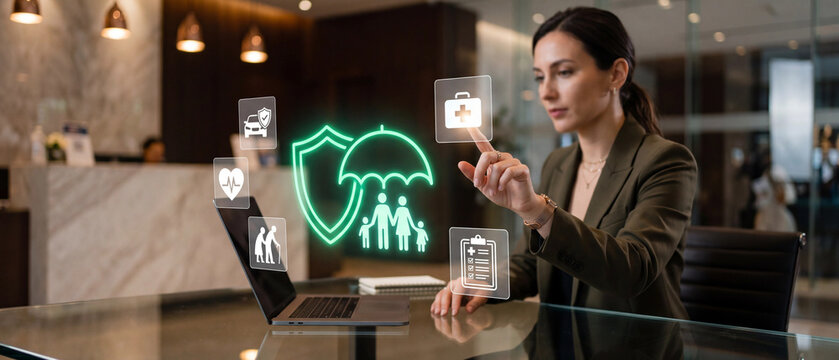 Professional woman interacting with digital insurance icons for family, health, and vehicle protection in a modern office setting