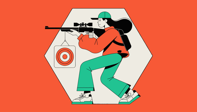 young woman aiming rifle at target, illustration