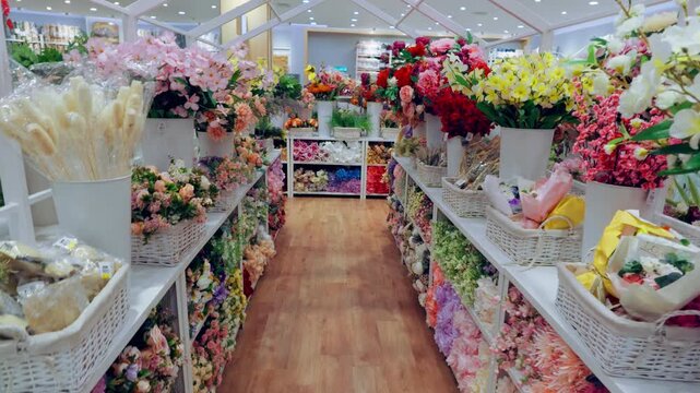 4K slow-mo rotating shot in a bright retail aisle featuring colorful artificial flowers on white shelves and in woven baskets in Melaka, Malaysia.