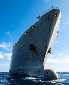 Low-angle view of a large grey ship bow cutting through blue sea water under a sunny sky, highlighting maritime scale and transport power.
