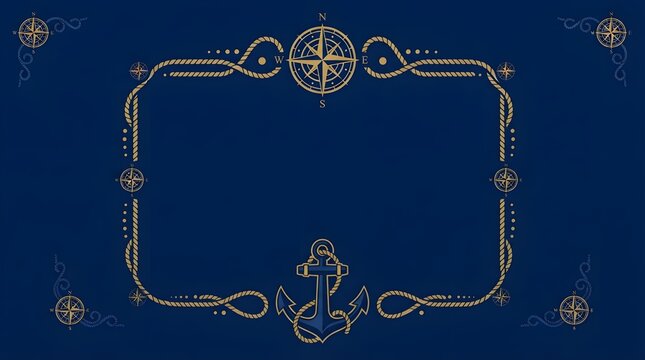 Decorative nautical blue background featuring a stylized frame border with line art anchors and compass rose elements for maritime design.