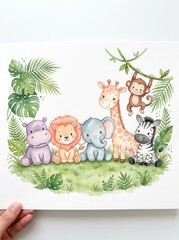 Fototapeta premium Cute Watercolor Safari Animals Illustration with Lion, Elephant, Giraffe, Zebra, Hippo and Monkey in Jungle