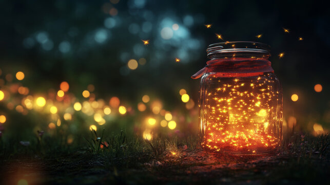 Glass jar filled with shimmering fireflies and starlight in the dark night.