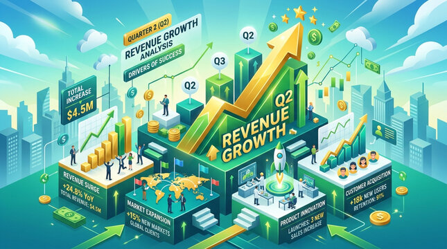 Q2 Revenue Growth Analysis and Financial Data Visualization Isometric Illustration