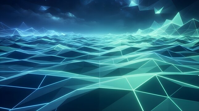 A panoramic futuristic cyberspace landscape with glowing blue and teal low poly geometric waves and neon grid lines under a dark night sky.