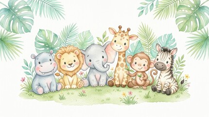 Fototapeta premium Watercolor Safari Animals Illustration for Nursery Decor - Cute Lion, Elephant, Giraffe, Zebra, Hippo, and Monkey