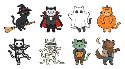 Obraz premium Set of cute cartoon cats in various Halloween costumes and spooky outfits.