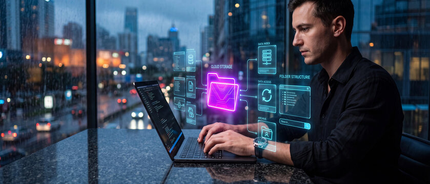 Software developer working on cloud storage architecture with holographic data visualization in a modern office at night