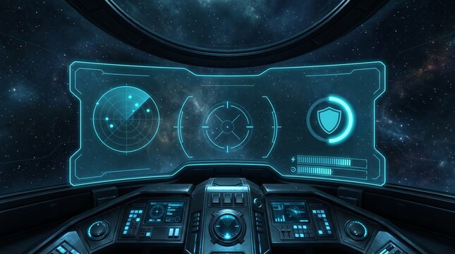 Futuristic spaceship cockpit interior with glowing blue HUD display, sci-fi spacecraft pilot point of view overlooking deep space nebula, advanced starship control panel with digital radar