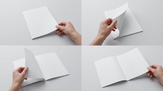 Set of mockup pages and hands turning a book isolated on white background