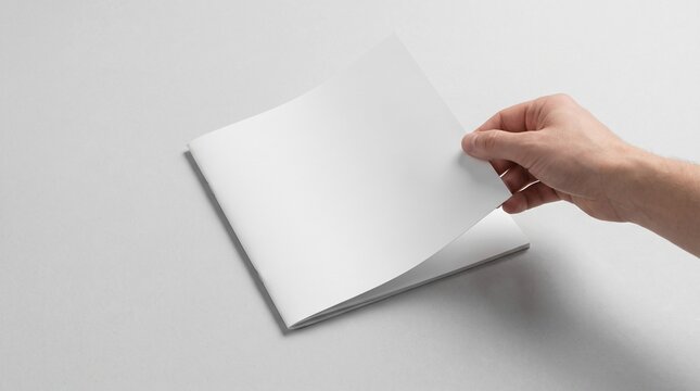 Blank square brochure mockup, catalog, booklet, magazine flyer, pamphlet template with hand turning pages on a grey background