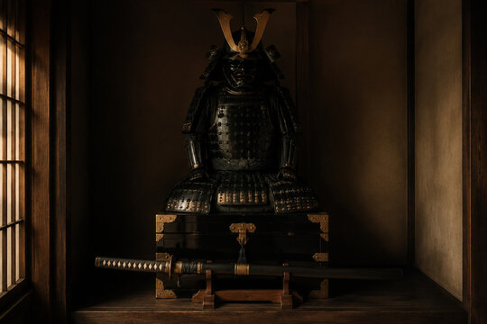 Bushido still life with samurai armor and katana in dark alcove
