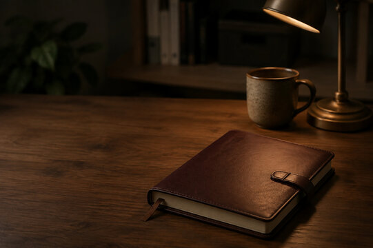 Closed leather notebook with ceramic coffee cup and brass desk lamp, after-hours desk work concept