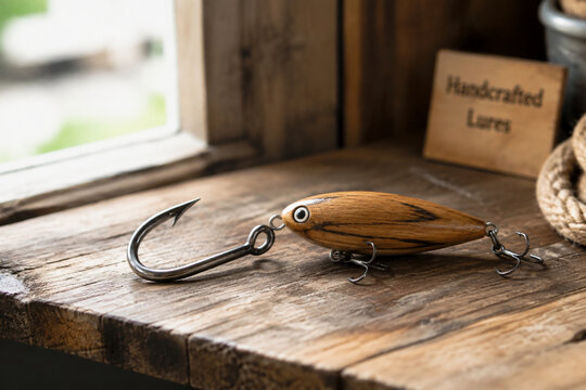 Metallic fish hook beside handcrafted wooden lure on rustic shelf, fishing tackle and outdoor passion concept.