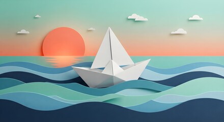Naklejka premium A handcrafted paper origami boat sails across layered paper waves during a pastel sunset with a big orange sun and tiny paper clouds in the sky.