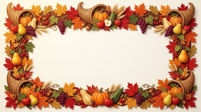 Autumn harvest cornucopia frame with pumpkins, fall leaves, grapes, and fruits isolated on white background