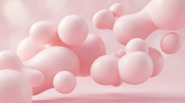 Abstract composition of smooth pink metaballs or fluid spheres floating in a soft monochromatic background, creating a serene and modern aesthetic.