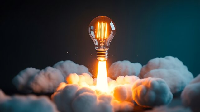 Light bulb launching like a rocket through clouds representing innovation and creative ideas