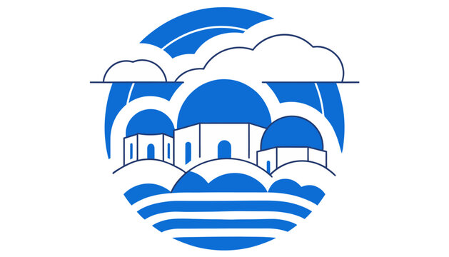 Blue and White Greek Island Village Logo - Santorini Style Icon