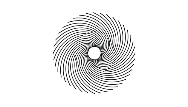 Black abstract geometric spiral vortex with curved lines creating an optical illusion effect on white background.