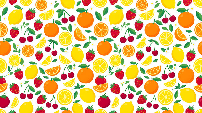 Seamless pattern with colorful graphic fruits, lemons, oranges, strawberries and cherries, clean modern vector style, playful composition, white background, no text