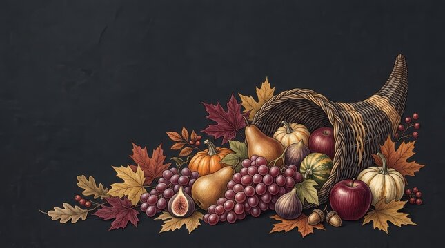 Autumn harvest cornucopia with pumpkins, grapes, pears, apples, figs, and colorful fall leaves on a dark background