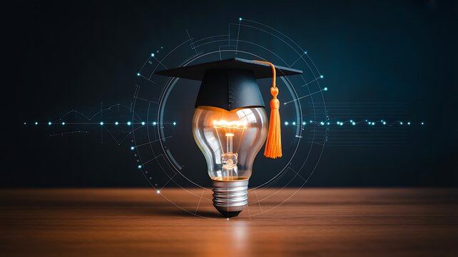 Graduation Cap on Glowing Light Bulb with Digital Network Background, Education, Innovation, Knowledge and Creative Learning Concept