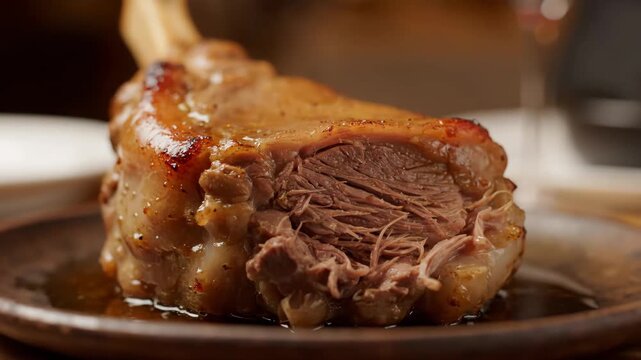 Close-up of a tender, slow-cooked meat shank, possibly lamb or beef ossobuco, with rich brown gravy served on a rustic wooden plate. High-quality food photography.