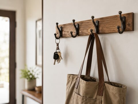 Wooden wall hook rack with multiple hooks displaying a brown tote bag and a set of keys, positioned near a doorway with a potted plant and furniture in the background