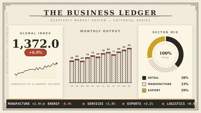 Economic report editorial motion graphic with monthly output bar chart, sector mix donut and stock market ticker in vintage paper style