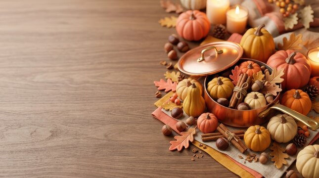 Fall harvest flat lay with pumpkins, leaves, and spices on wood background
