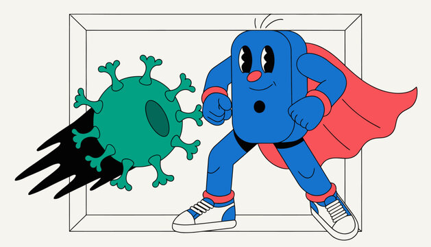 blue superhero fighting green virus cartoon