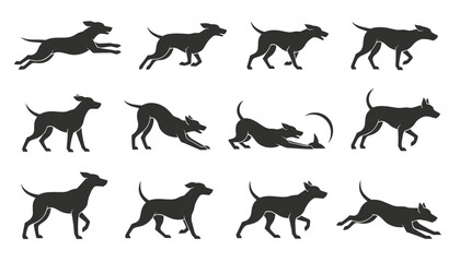 Obraz premium Silhouette sequence showing twelve phases of domestic dog running and jumping motion isolated on white background.