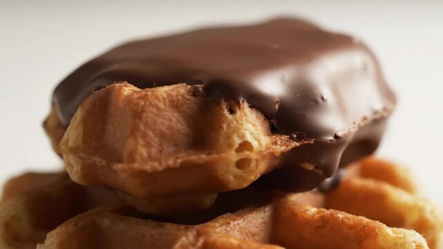 Close-up of golden Waffle covered with thick, melting dark chocolate glaze, a delicious and indulgent sweet dessert or breakfast treat perfect for food advertising and menu visuals.
