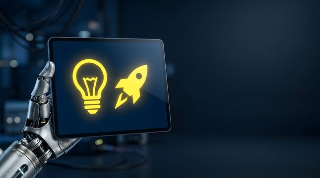 Robotic hand holding digital tablet with glowing light bulb and rocket icons