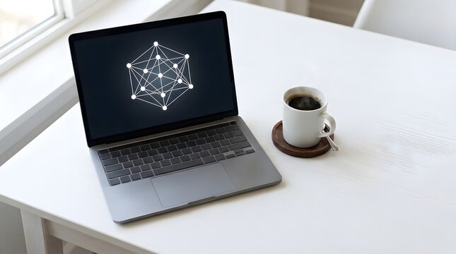 Laptop with geometric network icon on screen and coffee cup on white desk