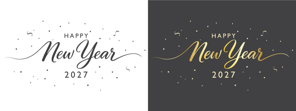 Happy New Year 2027 Modern Script Gold Text &ndash; Elegant Festive Greeting Card, White Background with Confetti and Ribbon Accents