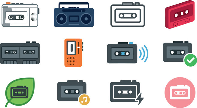 Retro Cassette Player and Boombox Icon Set with Portable Walkman, Dual Deck Recorder, Audio Wireless Signal, Approved Checkmark, and Music Note Symbols