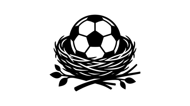 Soccer ball resting in a bird nest silhouette